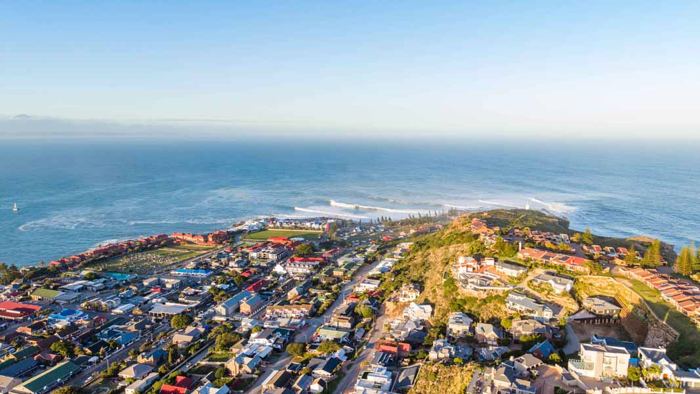Aerial view of The Point and Cape St Blaize headland at Mossel Bay